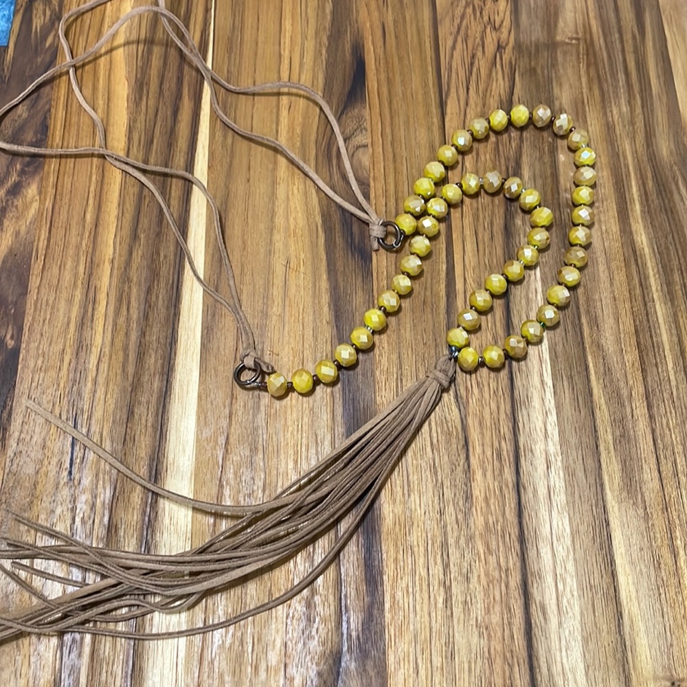 Long Yellow Beaded Tassel Necklace